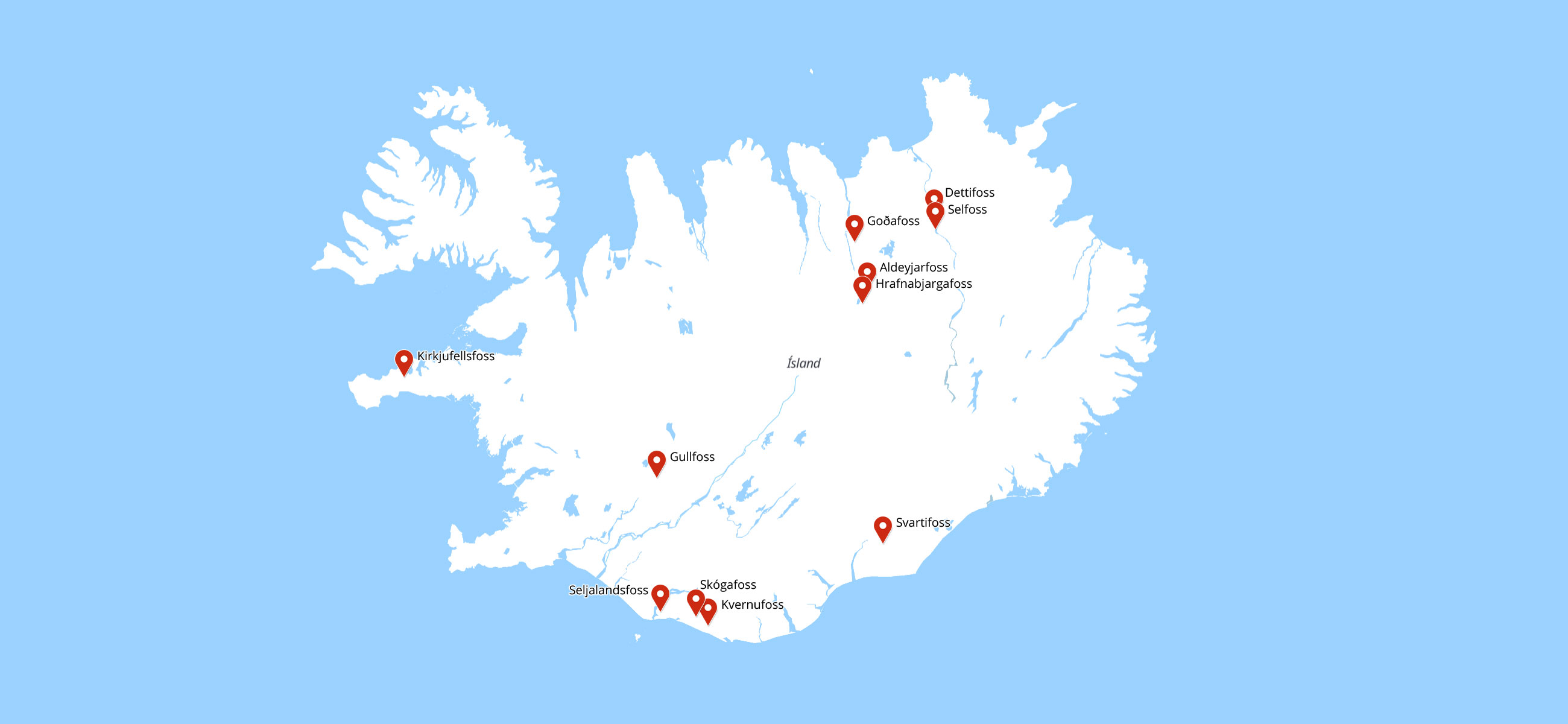 Karte von Wasserfällen in Island